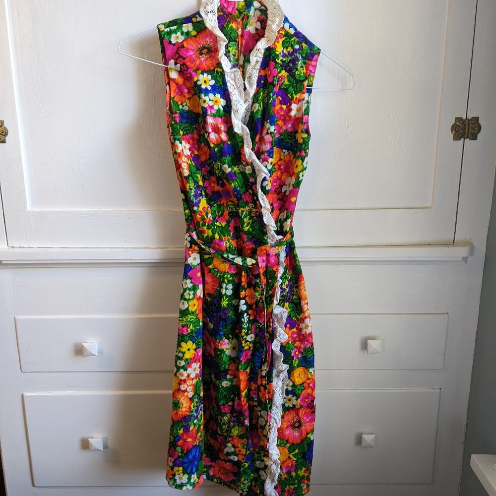 Vintage OOAK handmade 1970s tropical floral party wrap dress, size XS